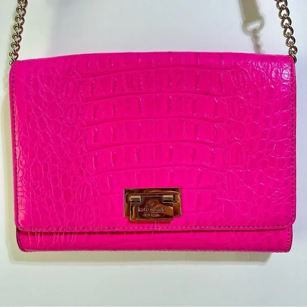 Kate Spade Fiona Orchard Valley neon pink croc embossed leather crossbody bag - Picture 4 of 14